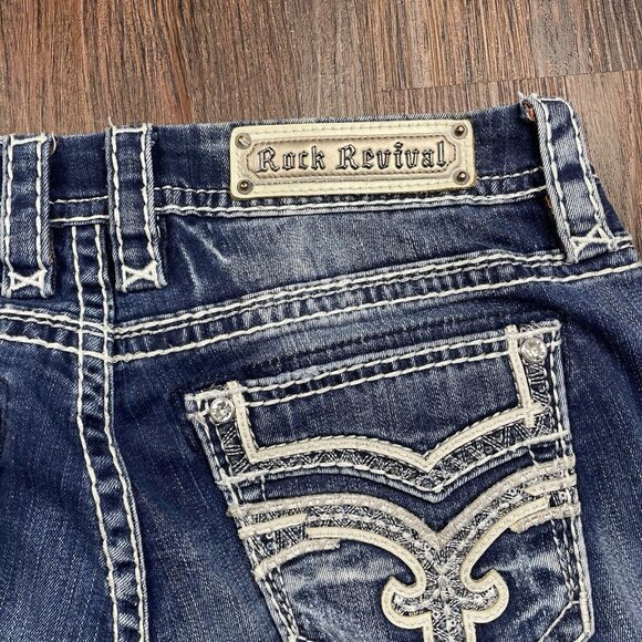Rock Revival Easy Boot Cut Jeans Women 30 Blue Dark Wash Rhinestone Sequin - Picture 8 of 14